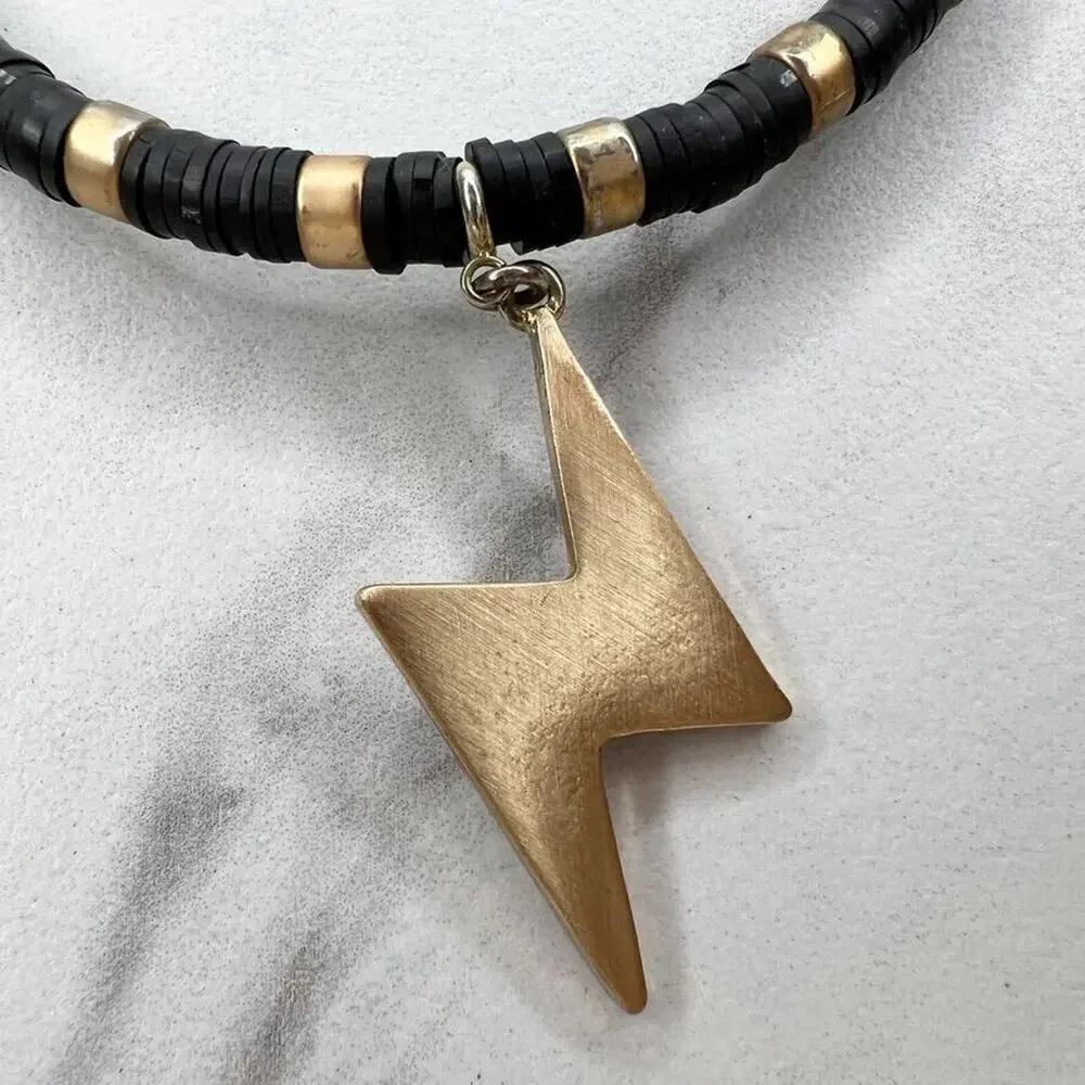 Gold Tone and Black Beaded Bracelet Lightning Charm Keychain Keyring
